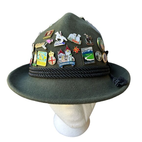 VTG Bavarian Wool Hat Oktoberfest Alpine Tyrolean Green German Travel Pins Small - Picture 4 of 12